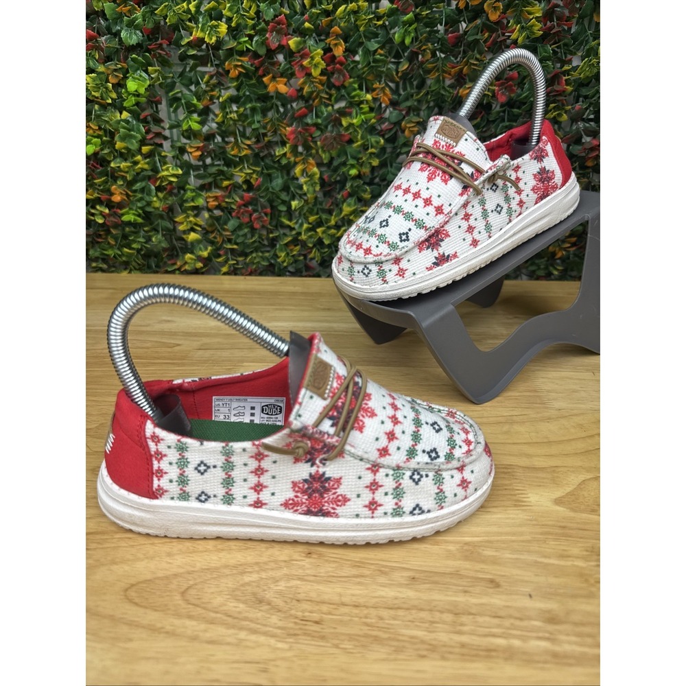 Hey Dude Shoes Wendy Ugly Sweater Sneakers Christmas Comfort Red White Kids 1